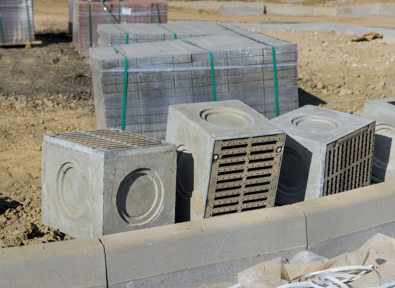 Concrete drainage blocks and paving stones stacked at a construction site.