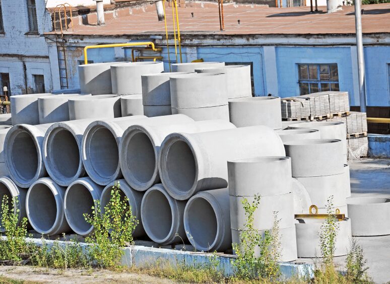 Stacked concrete pipes at a construction site.